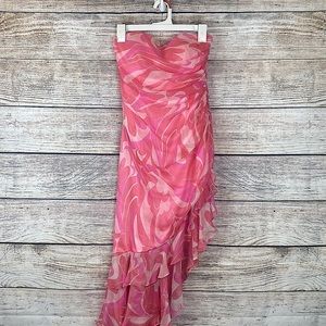 Pink Asymmetrical Ruffle Strapless Silk Dress